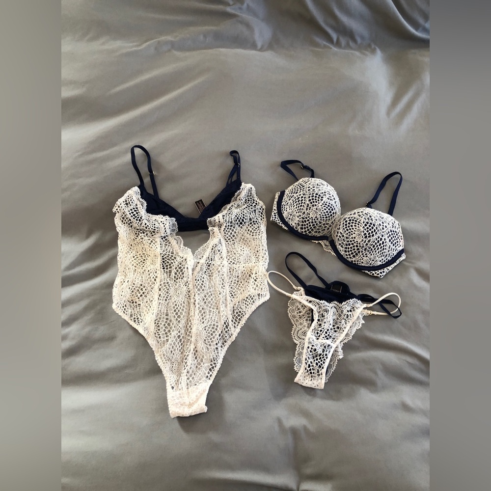 3-Piece Fishnet Lingerie Set Victoria’s Secret Teddy, Panties, Pushup Bra